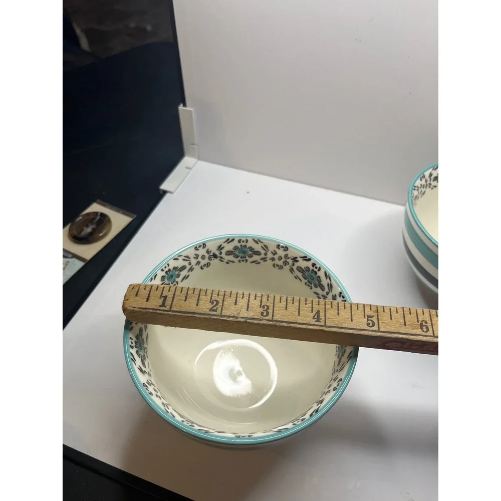 World Market Ceramic Bowls Set‎ of 2 Turquoise Navy Blue Striped Floral 5 Inch